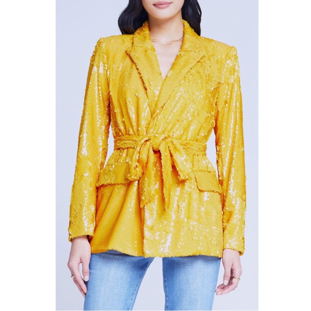 L'Agence Jordan Yellow Sequin Belted Jacket XS NWT